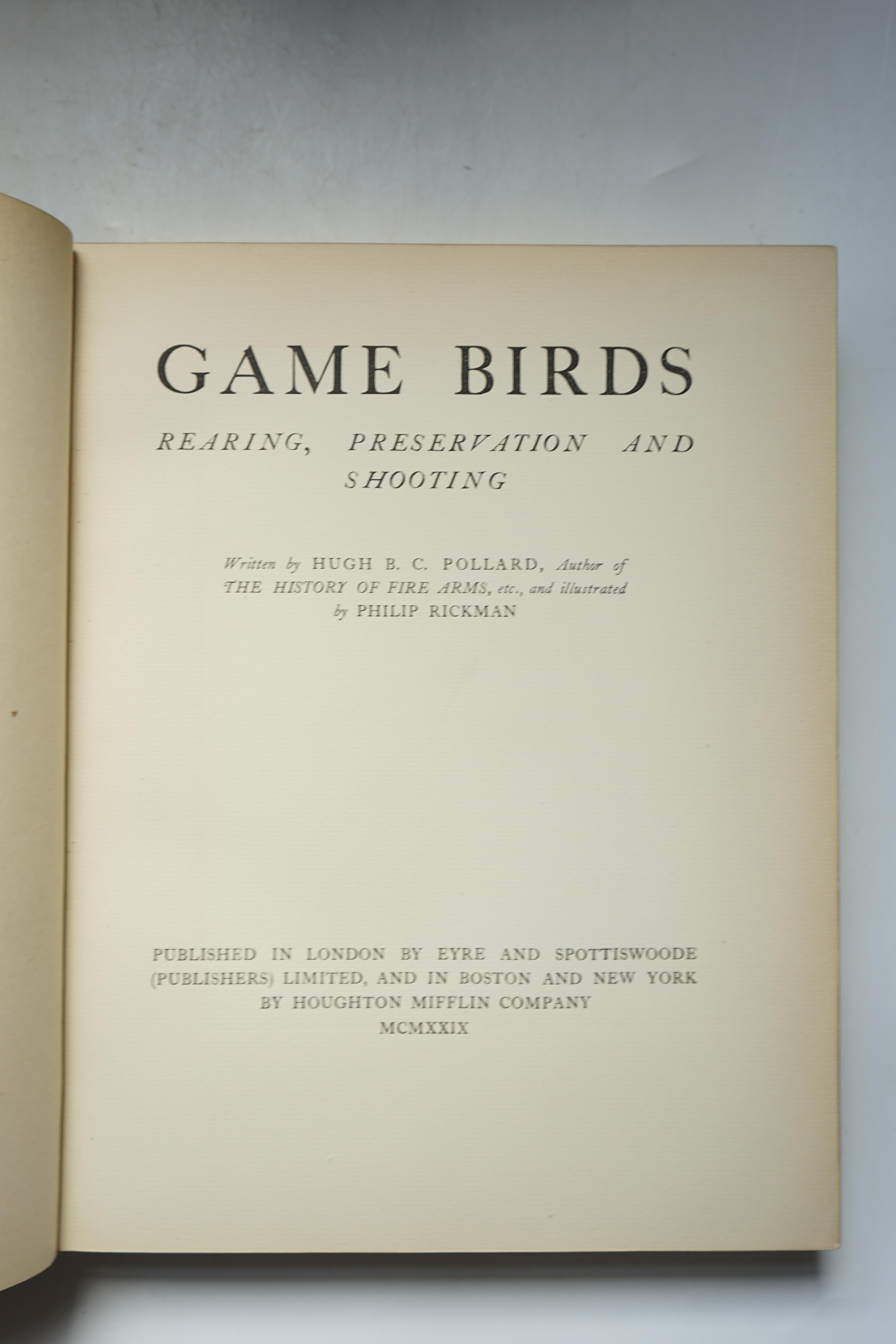 Pollard, Hugh B. C - Game Birds Rearing, Preservation and Shooting, illustrated with 12 coloured plates by Philip Rickman, 4to, fine presentation tan morocco gilt binding to the Lord Mayor of London , Sir Percy Vincent,